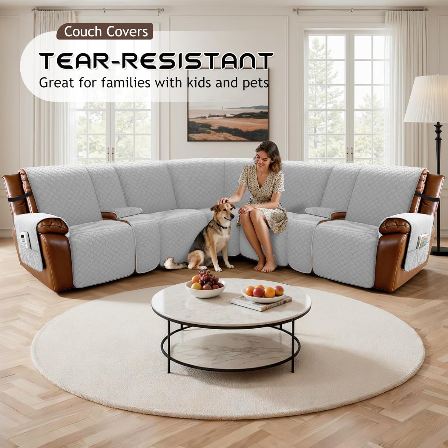 Arfntevss Waterproof Recliner Sectional Couch Covers for Reclining L Shape Sofa Cover Non Slip Washable L Shaped Slipcover Sets for Dog Furniture Protector (5 Seat with 2 Console Cover, Dove Gray)