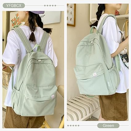 YFGBCX Leuke Esthetische Rugzak voor School College Student Effen Kleur Rugzak Klassieke Rugzak School Boekentas voor Vrouwen, GROEN, 16.93x11.42x5.12in, Schattig