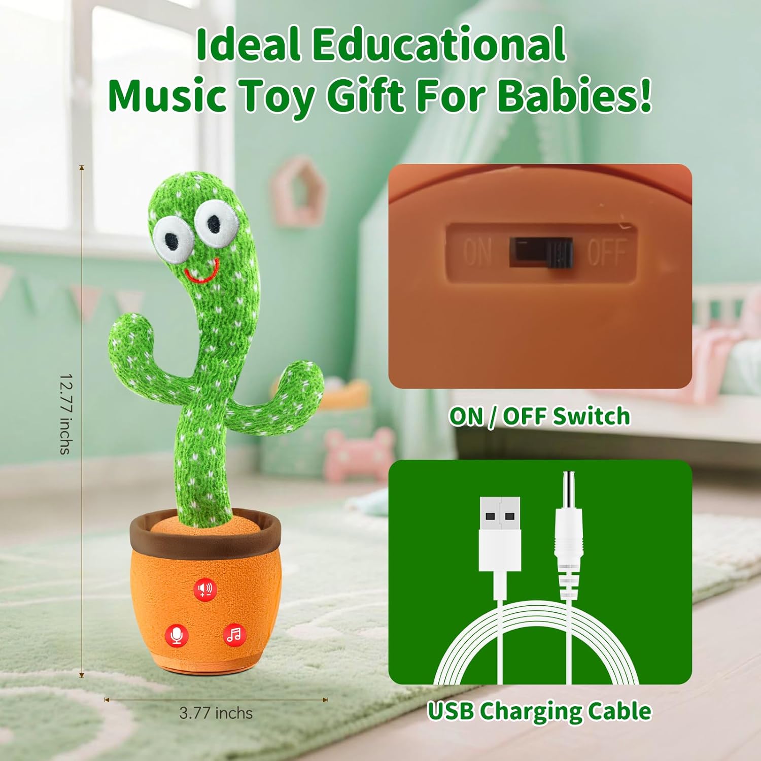 Rechargeable Dancing Talking Cactus Baby Toys for Toddlers Boys Girls, Singing Mimicking Recording Toy Repeats What You Say, Musical Interactive Kids Gift with English Songs