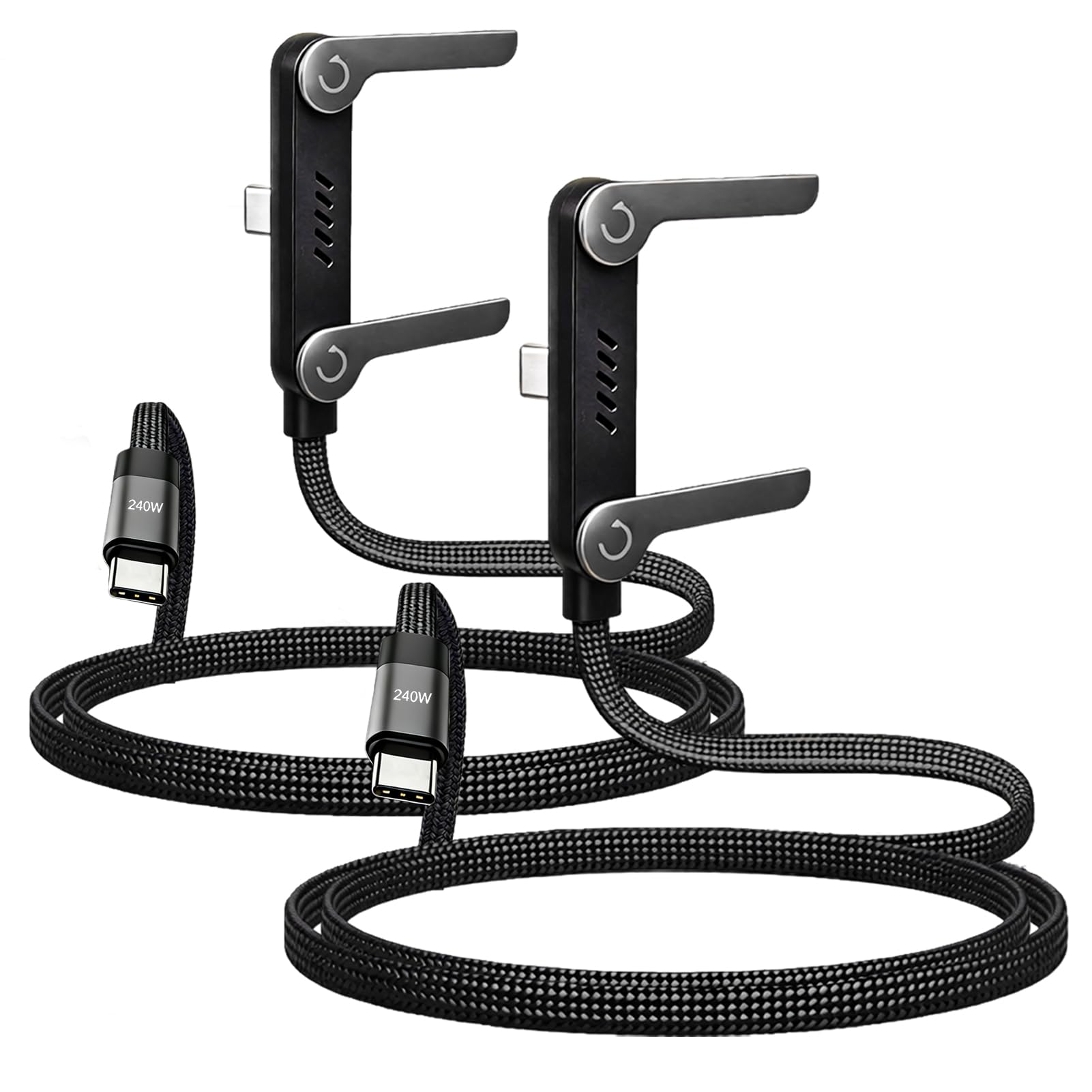 Pack 2 Cables USB-C a USB-C 240W Carga Rápida con Soporte Invisible Integrado, 1,5 m Cables Trenzado Alta Velocidad para Smartphones, Tablets y Laptops – Soporte Plegable Integrado para Oficina