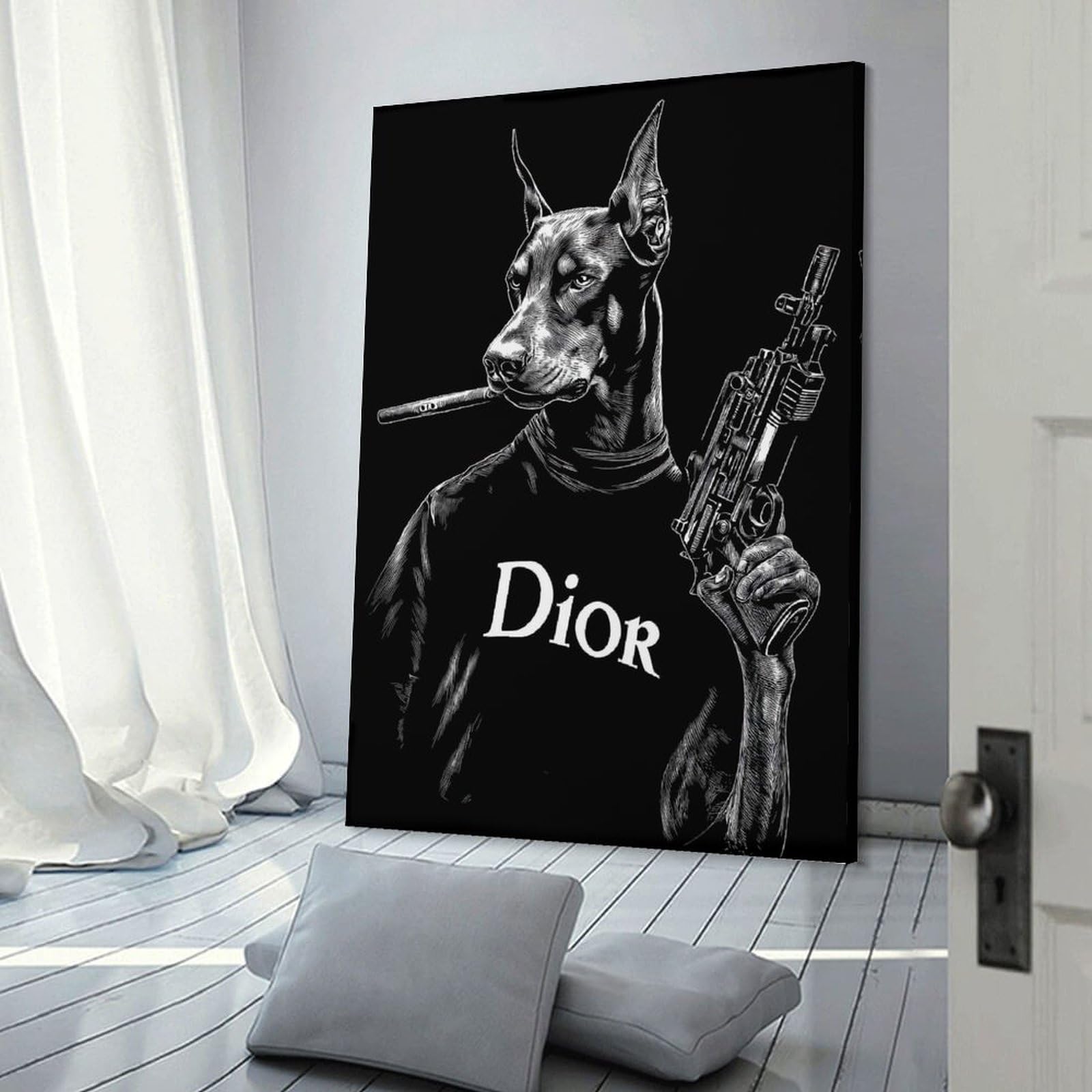 Junmoney Decorative Wall Artwork Doberman with Cigar And Gun, 24x36inch(60x90cm), for Lounge, Bedroom Or Personal Spaces, Gift Idea for Housewarming And Birthdays