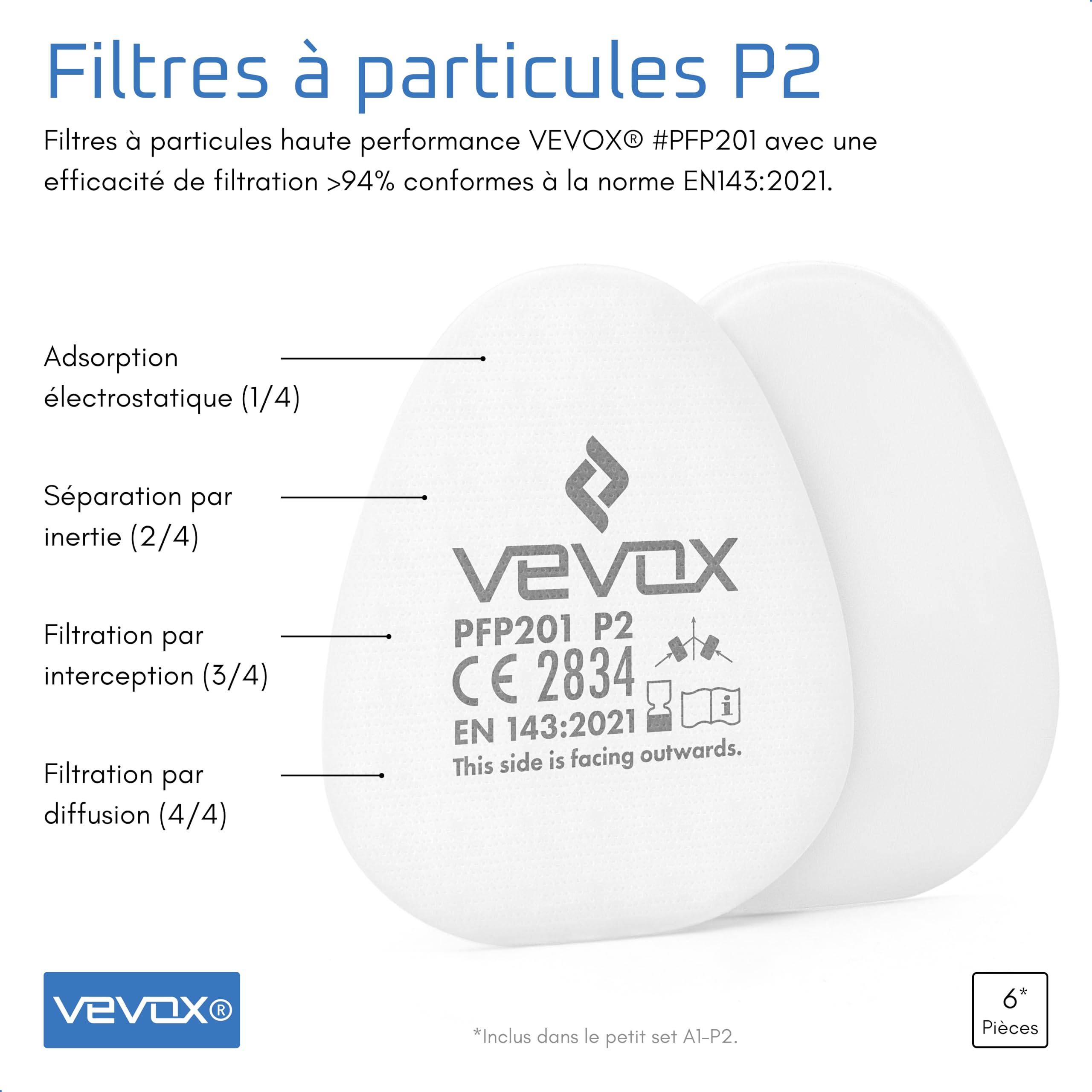 VEVOX® Masque respiratoire avec filtre A1P2 – Protection contre gaz, vapeurs et particules fines de poussière – Pour peinture, ponçagee et travaux – Avec 6 filtres P2 antiparticules et 2 A1 anti-gaz