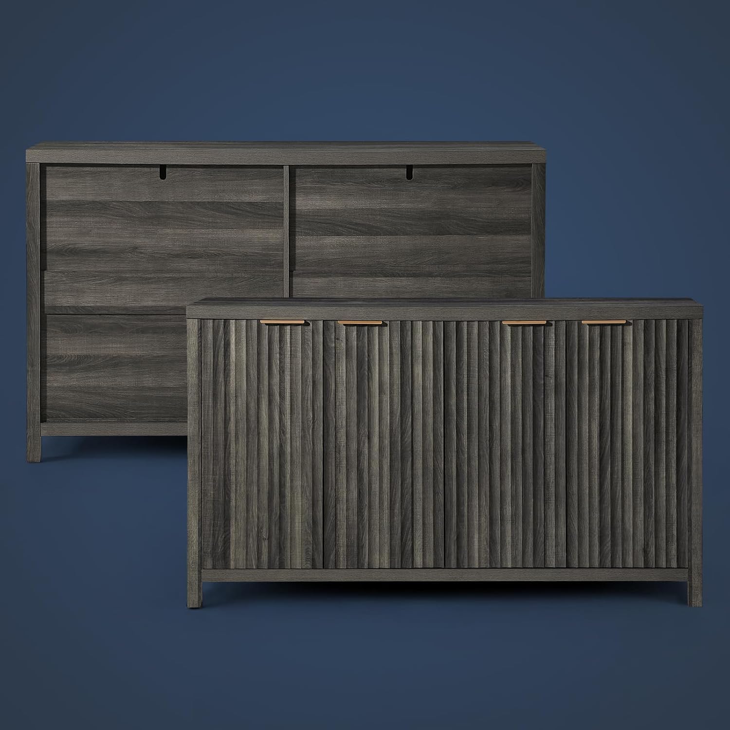 Fluted Sideboard Buffet Cabinet with Storage, 56" Large Buffet Modern Credenza with Adjustable Shelves, Farmhouse Media Console Storage Cabinets for Living Room Entryway, Black Midnight Oak Fluted 4 Door