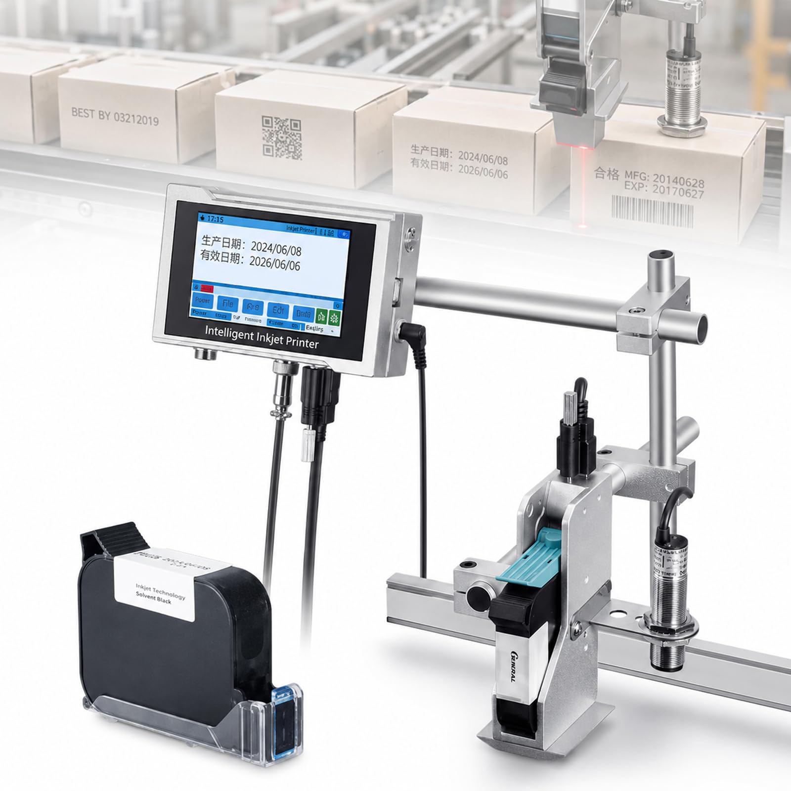 Intelligent Inkjet Printer, 4.3" Touch Screen Online Date Coding Machine, 12.7mm Print Height, High Speed Batch Code Printer for Date, QR Code, Barcode & Logo on Cartons, Plastic, Glass, Metal