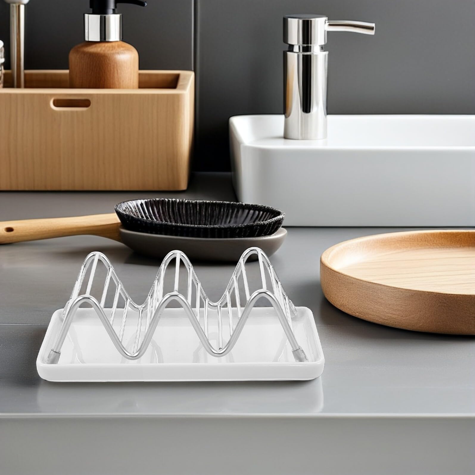 TOYANDONA Jabonera para Baño de Acero Inoxidable en Forma de W con Bandeja de Drenaje y Base Antideslizante para Cocina