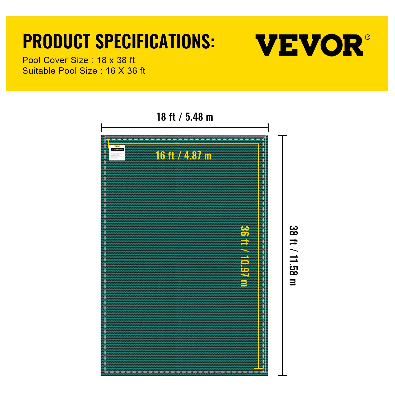 VEVOR Bâche Piscine Creusée 5,47x11,47 m PP Couverture Protection Piscine Rectangulaire contre Débris Neige Protège Piscine Maille Serrée Boulon Terre Laiton pour Piscines 4,87x11 m Maison Jardin Vert