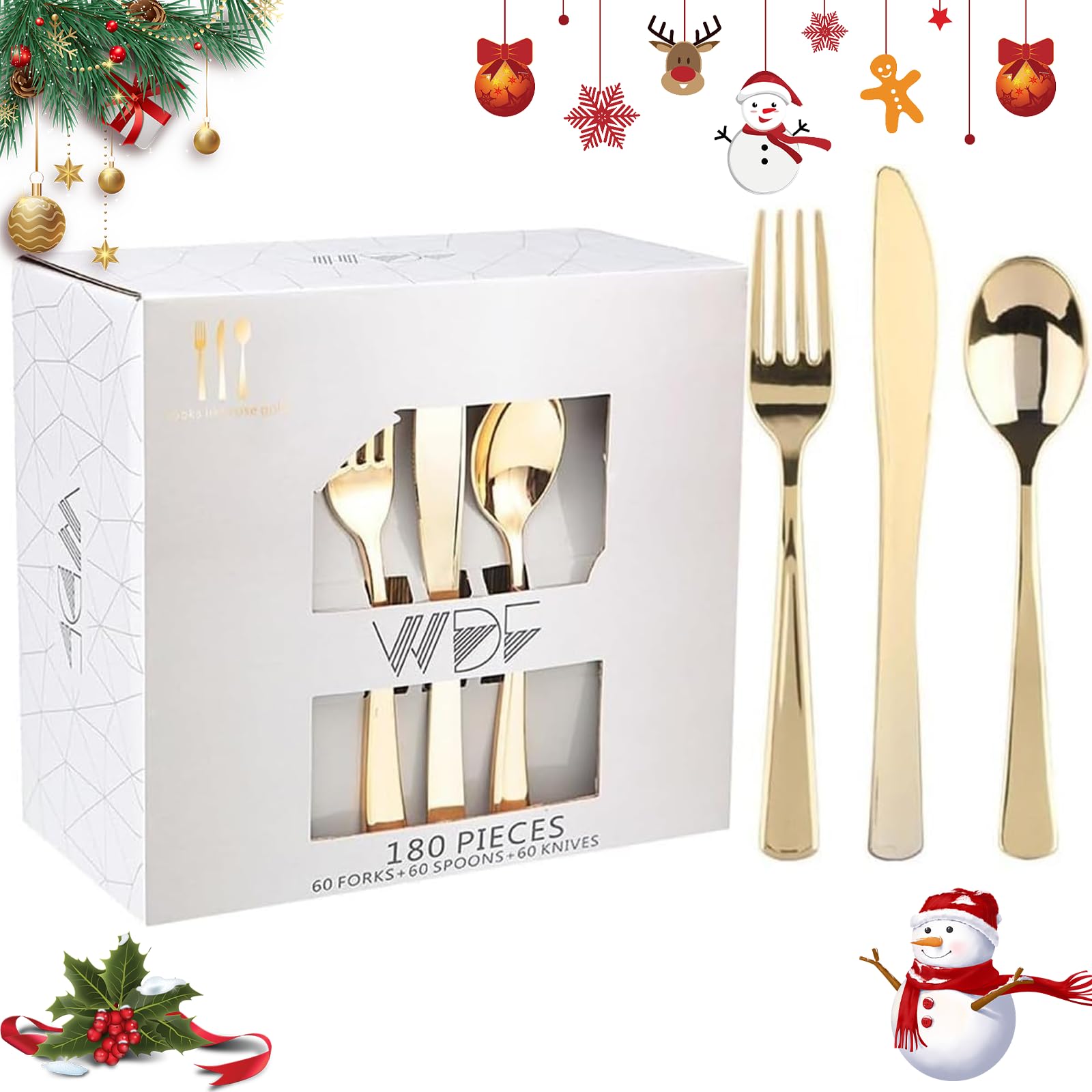 WDF 180 Pieces Disposable Plastic Gold Silverware Cutlery - Disposable Flatware Set 60 Forks, 60 Knives and 60 Spoons - Heavy Duty Gold Plastic Cutlery - Utensils for Wedding, Thanksgiving, Christmas