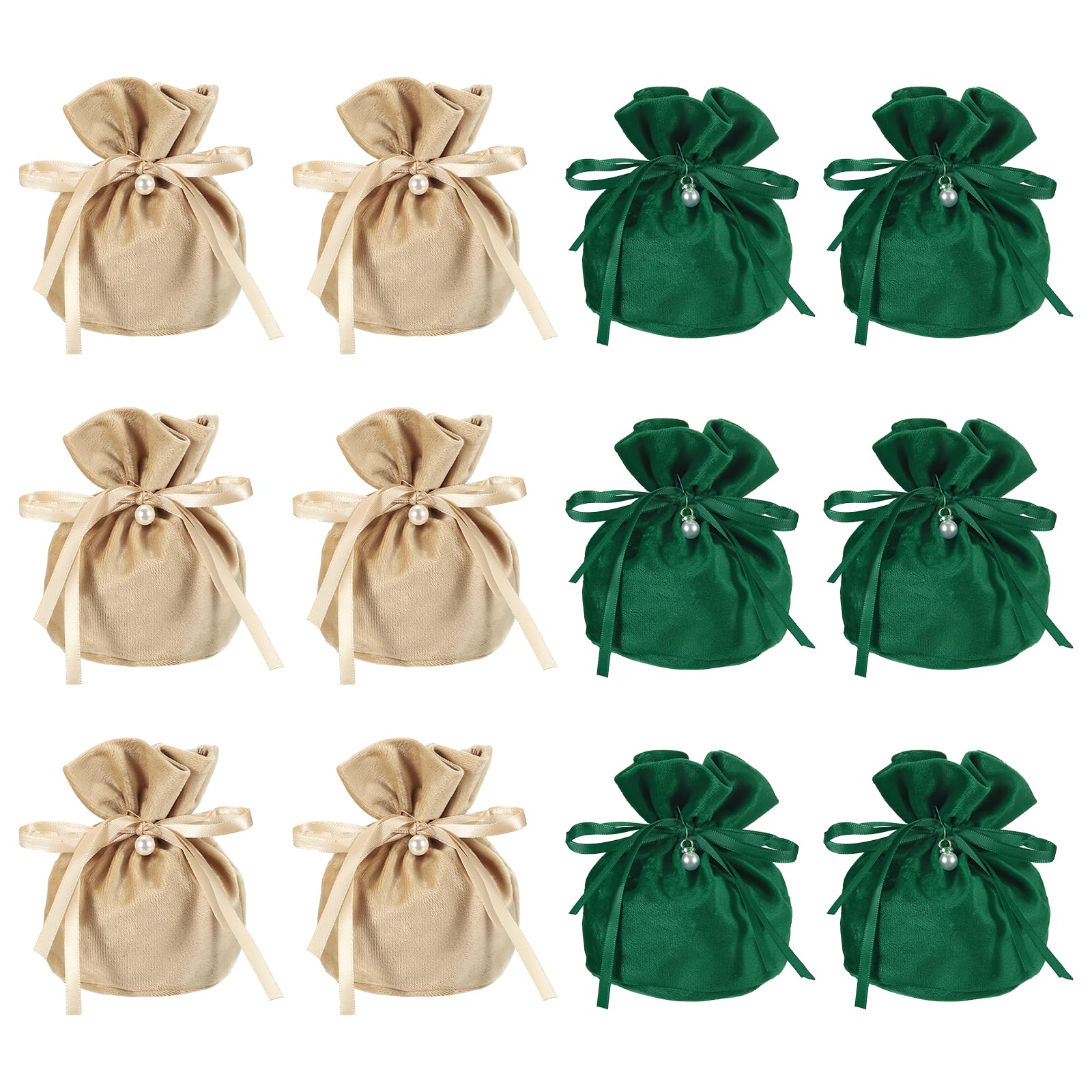 YELARXI Flannel Drawstring Gift Bags, Jewelry Pouches Mini Gift Packaging Bag, 6 x 5.5 in Storage Pouch with Pearl for Wedding Favor Party Birthday Candy (12 Pack, Dark Green/Champagne)