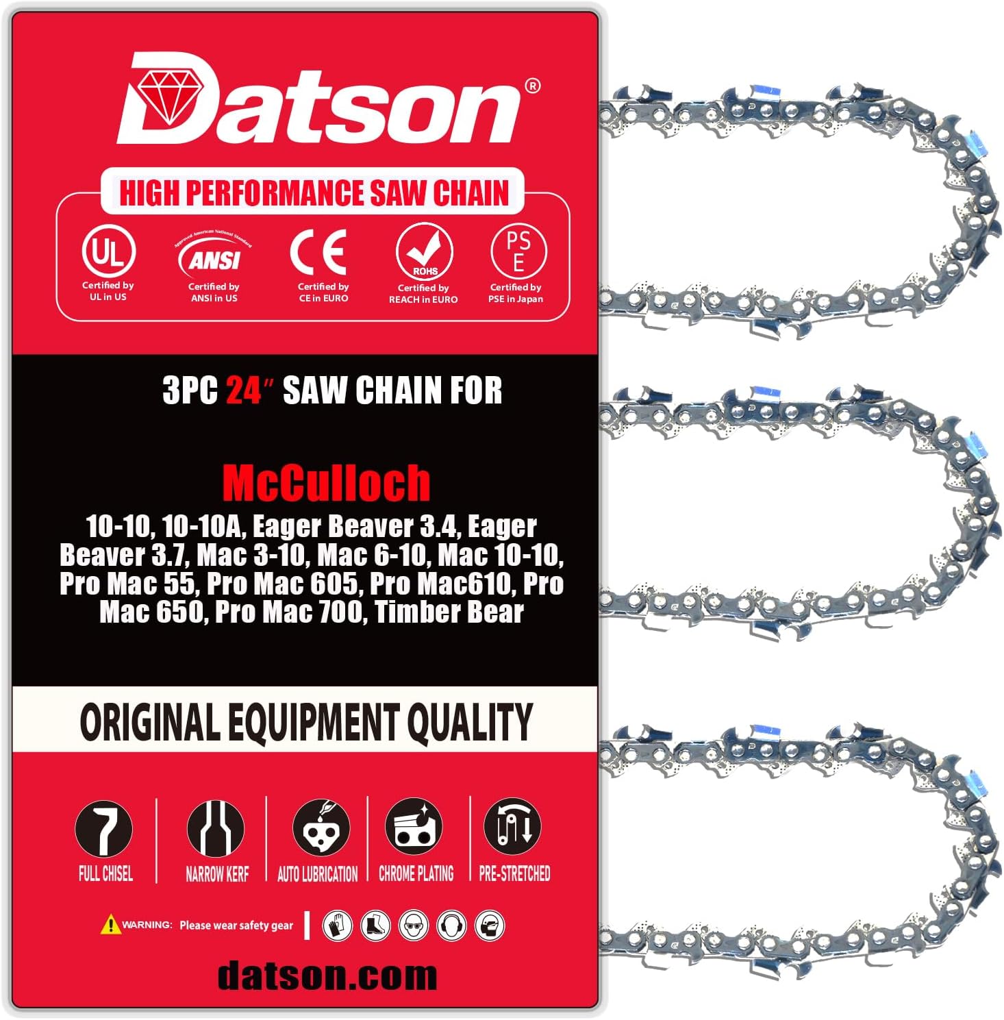 24 Inch Chainsaw Chain For McCulloch 10-10A,Eager Beaver 3.7, Mac 3-10, Mac 6-10,Pro Mac 605, Pro Mac610, Pro Mac 650, Pro Mac 700, Timber Bear(3 Chains) - FULL Chisel