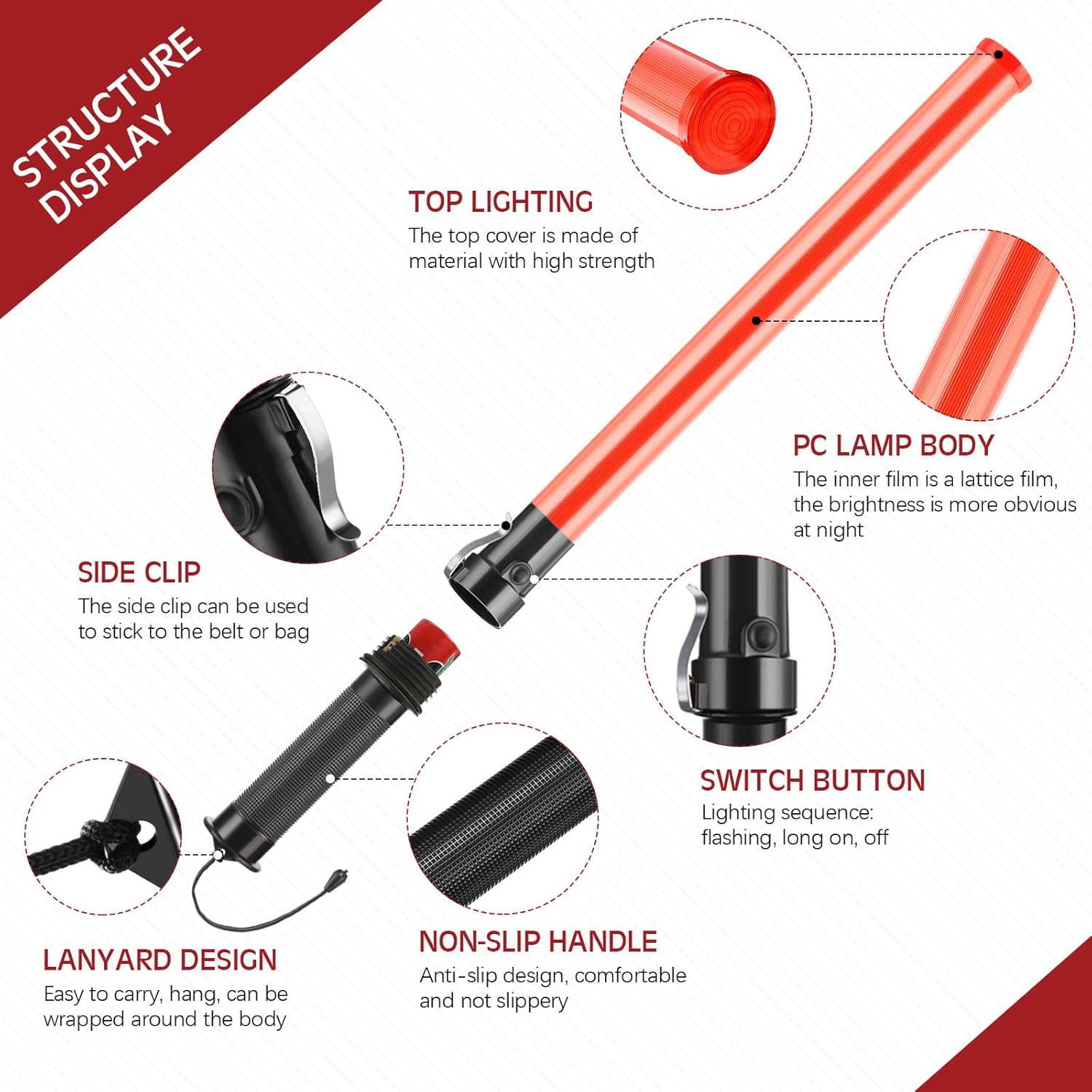 12 Pcs Signal Traffic Wand Safety Traffic Control Wand Lighted Baton Multifunctional LED Traffic Baton with 2 Flashing Modes, Wrist Strap Lanyard, Side Clip (Using 2 C-Size Batteries, 21 Inch)