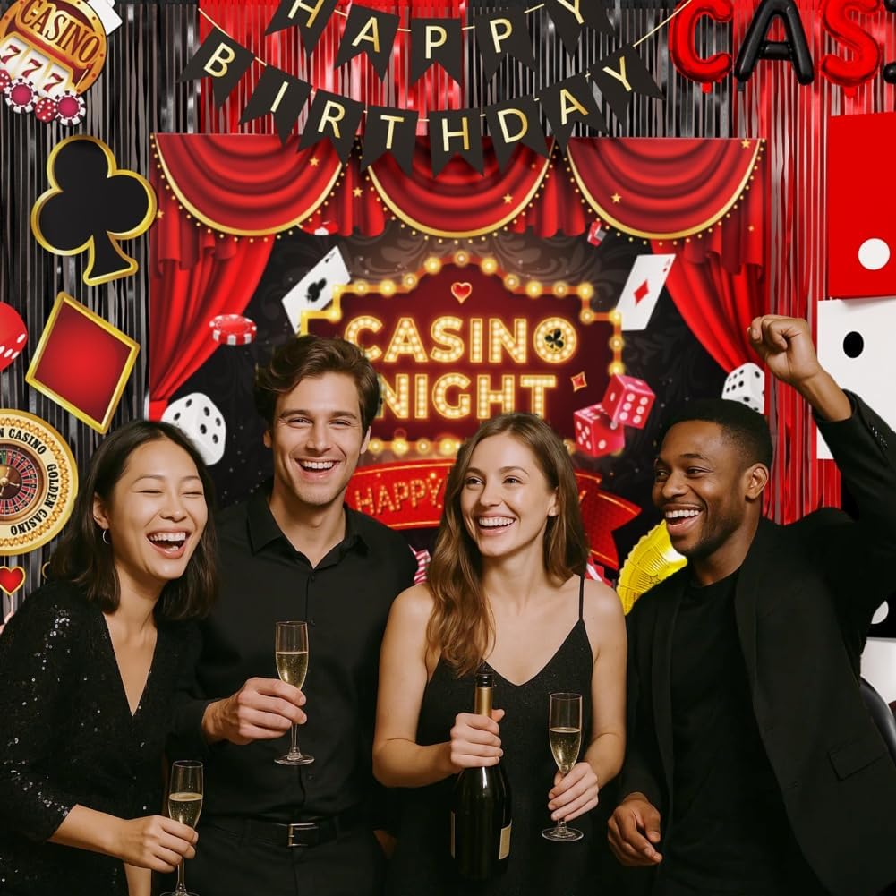 Casino Theme Party Decoration Las Vegas Birthday Party Dino Casino Night Poker Party Supplies Set for Adults Include Balloon Garland Kit, Casino Backdrop, Cake Toppers, Gold Curtain and Foil Balloons
