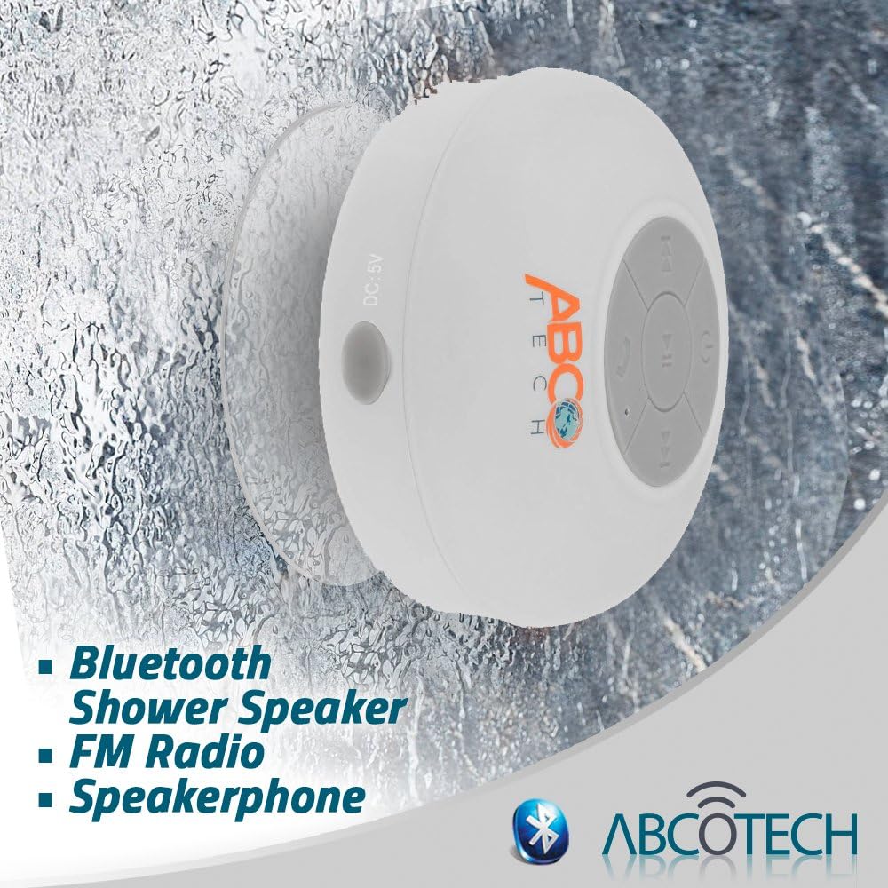 Abco Tech Water Resistant Wireless Bluetooth Shower Speaker with Suction Cup and Hands-Free Speakerphone, White