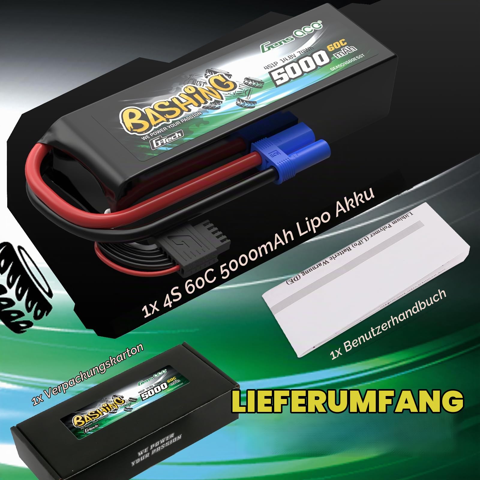 Gens Ace 4S 14,8V 5000mAh 60C LiPo Akku G-Tech mit EC5 Stecker, Bashing Serie für 1:8 & 1:10 RC Autos, Trucks und Offroad-Modelle
