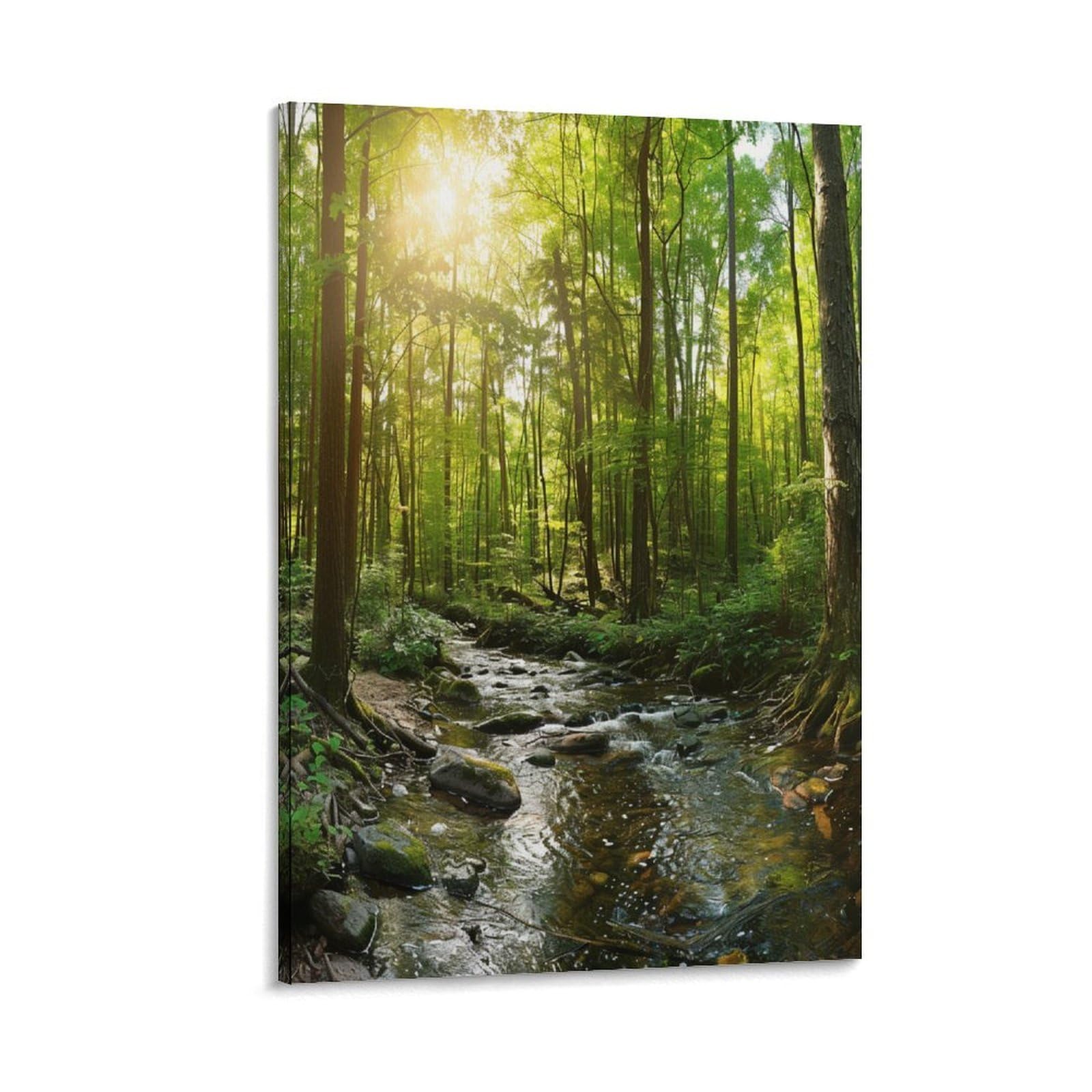 Euumkoo Framed Vintage Forest Landscape Canvas Wall Art, Nature Stream Sunlit Trees Picture Painting On Canvas, Print Poster Decoration Artwork For Home Living Room Bedroom Wall Decor Frame 20X30inch(50X75cm)