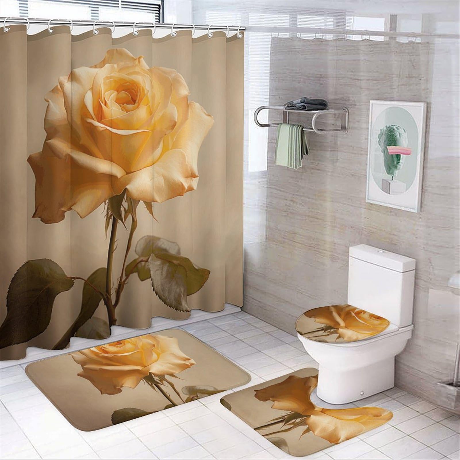 Ensemble salle de bain 4 pièces rose jaune avec rideau imperméable et tapis antidérapant