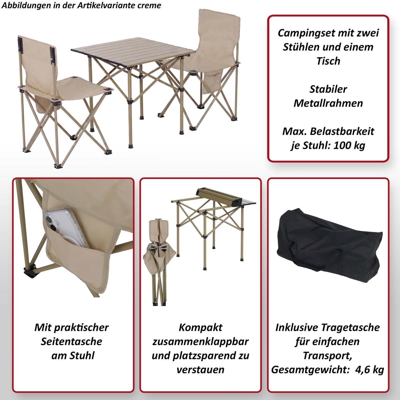 Mendler Zestaw kempingowy HWC-Q39, stół 2 x krzesło składane krzesło wędkarskie składane krzesło wędkarskie, materiał metalowy – czarny