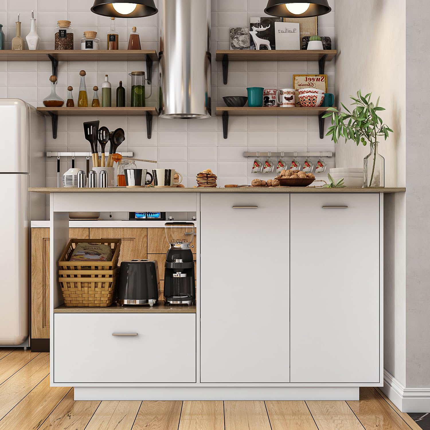 Caldion Central Îlot de Cuisine Buffet Salles à Manger avec Plan de Travail Pliable Meuble de Cuisine avec Plan de Travail Armoire de Cuisine avec tiroirs 150x40x93cm Bois&Blanc
