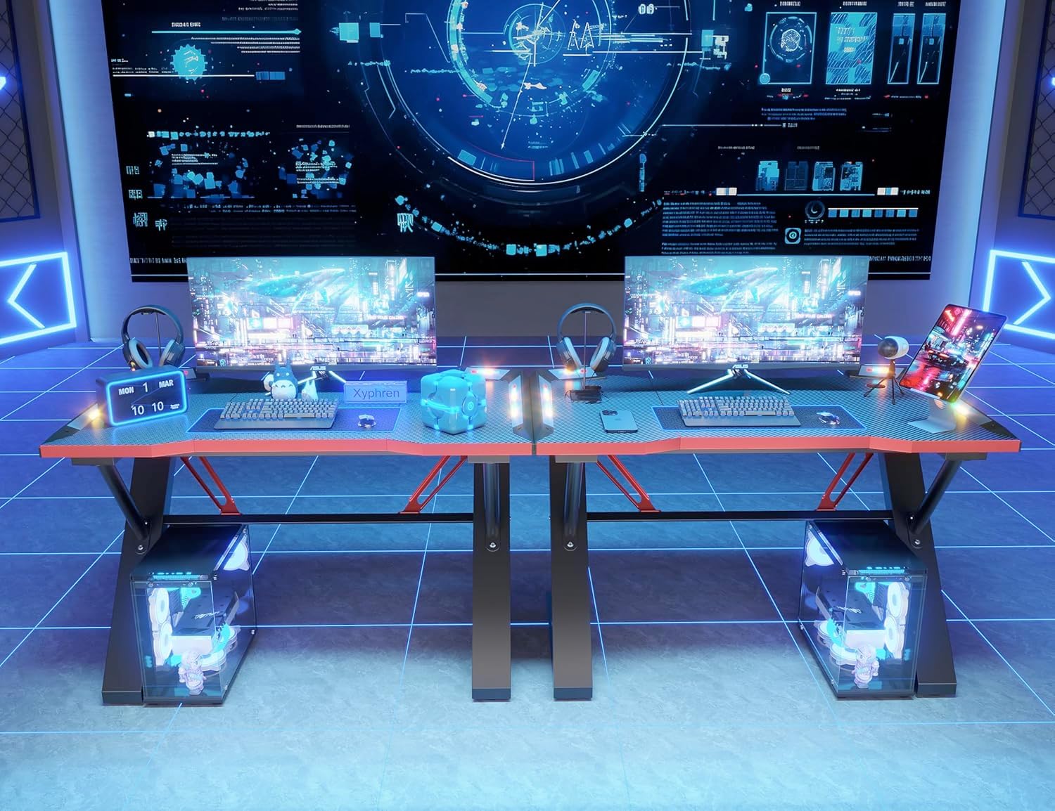 Mesa Gamer 100 * 55 cm z LED, Mesa Gamer ze Wzmocnioną Konstrukcją Z, Powłoką z Karbonu, Stół dla Graczy PC Łatwy w Montażu, Czarny Karbon