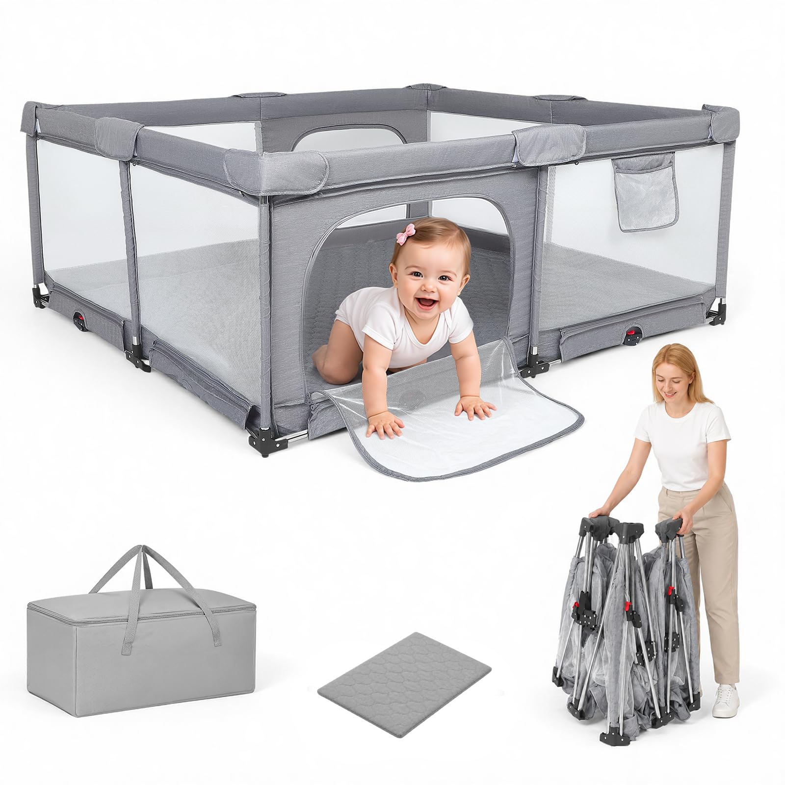 Faltbarer Laufstall Baby 180x150cm, 2 Seiteneingänge, Netz, weiche Kanten | Ohne Montage Nutzbar,Indoor & Outdoor Laufgitter & -Ställe mit Atmungsaktivem Netz & Pull-up Rings