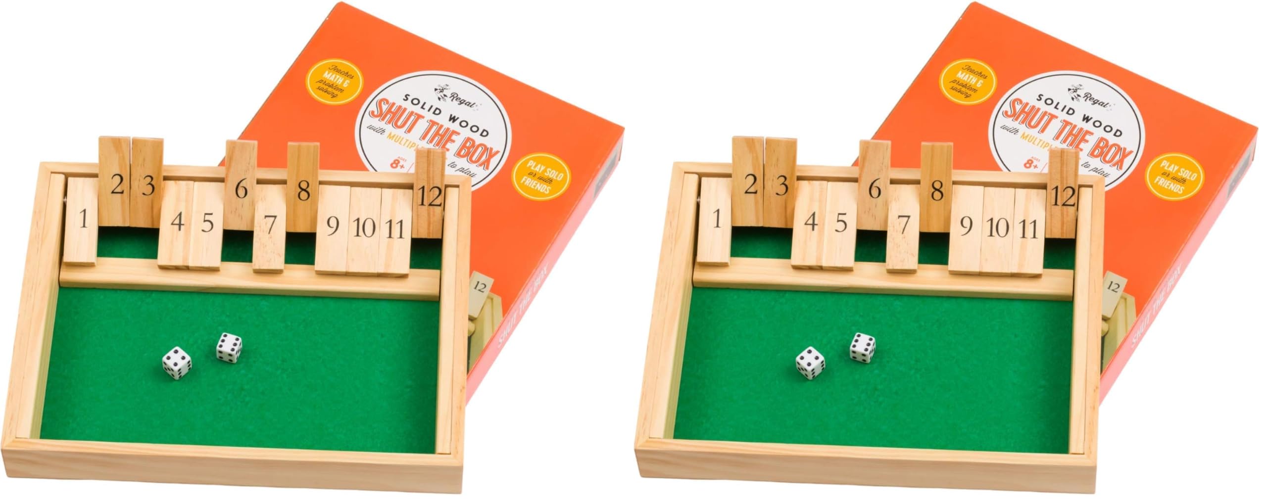 Regal Games Shut The Box - Fun Table Math Game with Wooden Board for Adults &amp; Kids - 12 Spots Dice Game with 2+ Player Games - Ideal for Game Night, Travel - (Ages 8+) (Pack of 2)