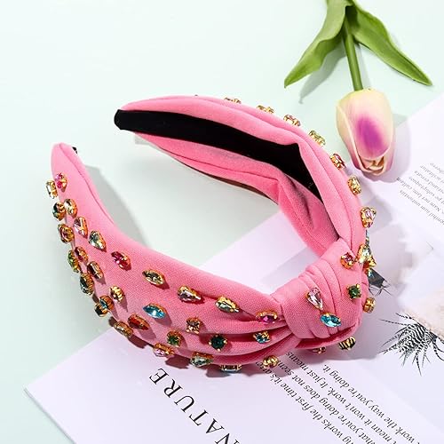 Miniatura 3 de NVENF - Diadema anudada rosa para mujer, diadema con pedrería de strass para mujer, diademas con nudo superior con cuentas de cristal, diademas con