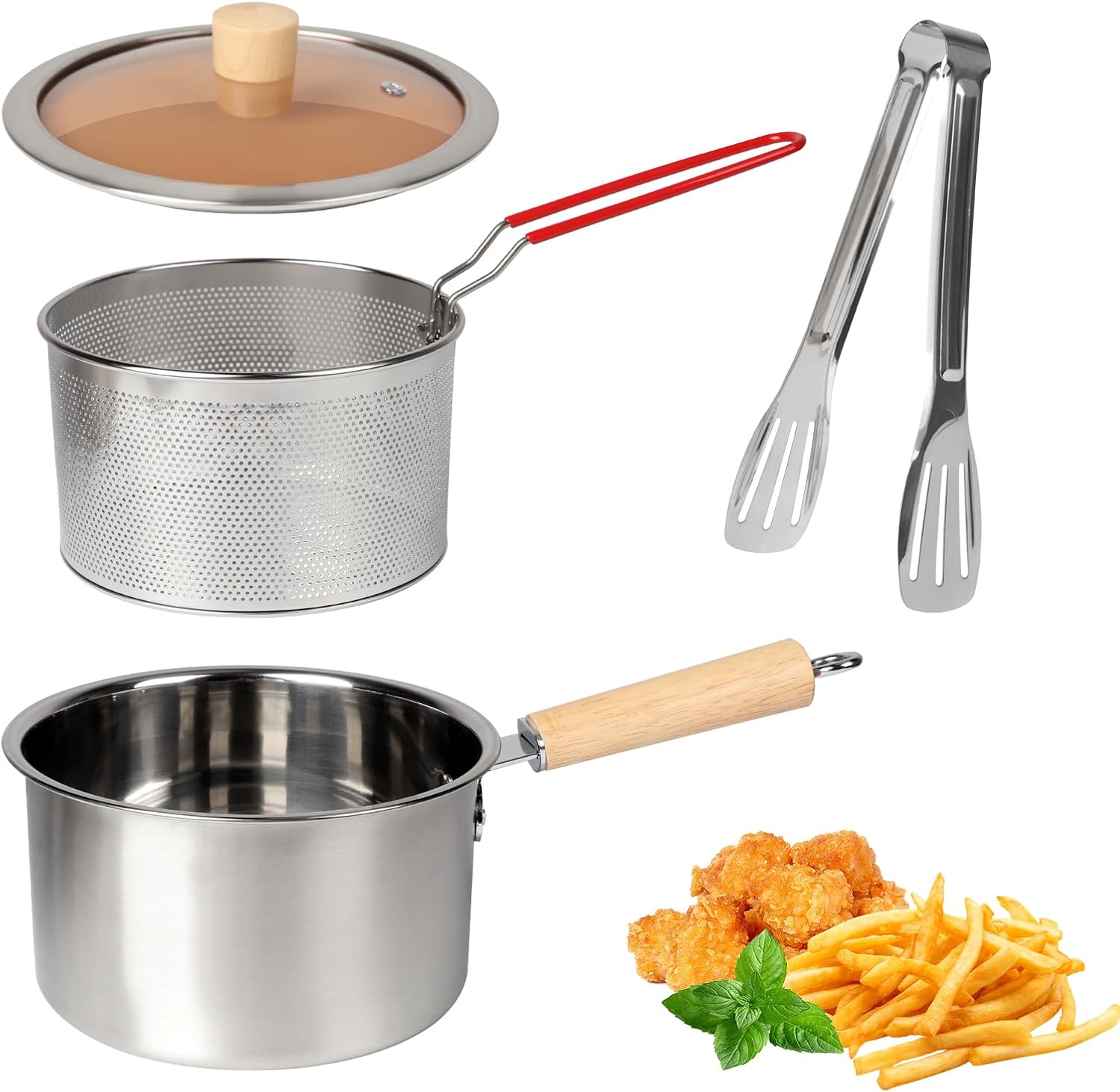 Deep Fryer Pot with Basket, 2500ml Stainless Steel Fryer Pot with Basket and Strainer, Stove Top Deep Fryer Frying Pot for Tempura Chips, Fries, Fish, Chicken (2.5L)