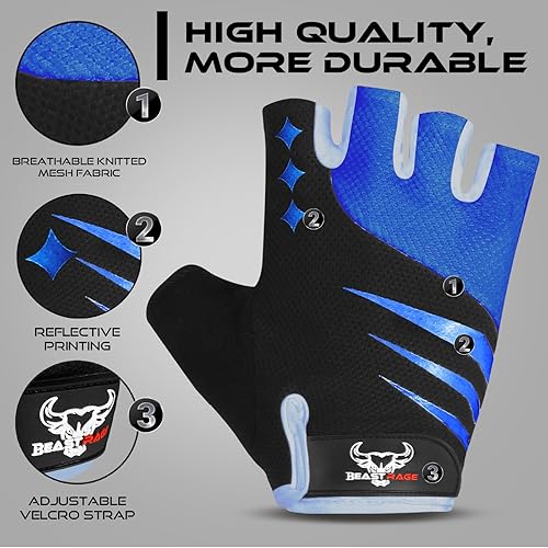 Miniatura 6 de BEAST RAGE Guantes de ciclismo de medio dedo para hombres y mujeres, guantes acolchados de gel, antideslizantes, absorben los golpes, levantamiento