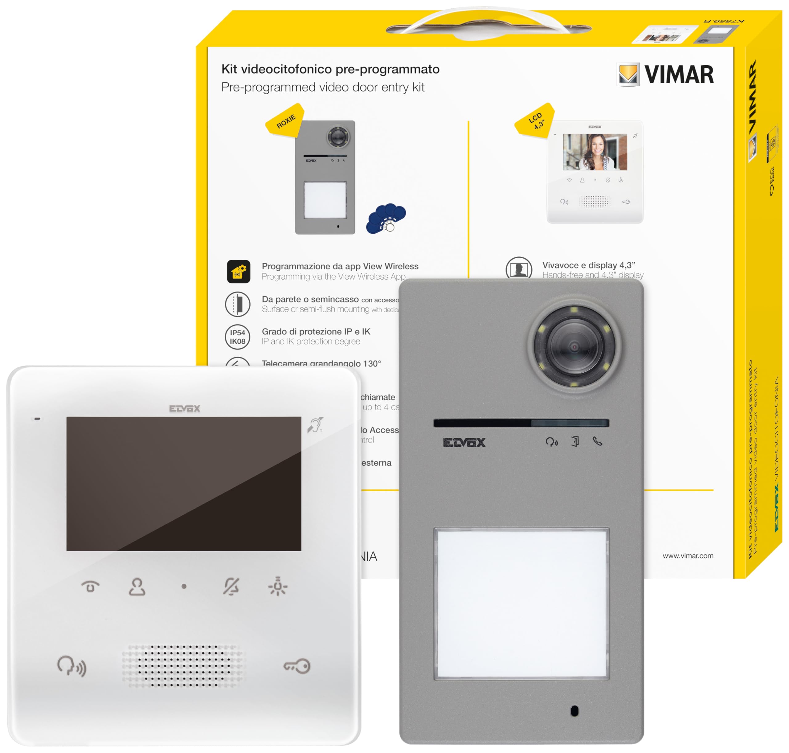 Elvox K7559.​R Kit videocitofonico Due Fili Plus espandibile a colori: 1 Videocitofono Vivavoce 7559, 1 Targa Roxie 40170 e Lettore Controllo Accessi, 5 Chiavette RFID Mifare