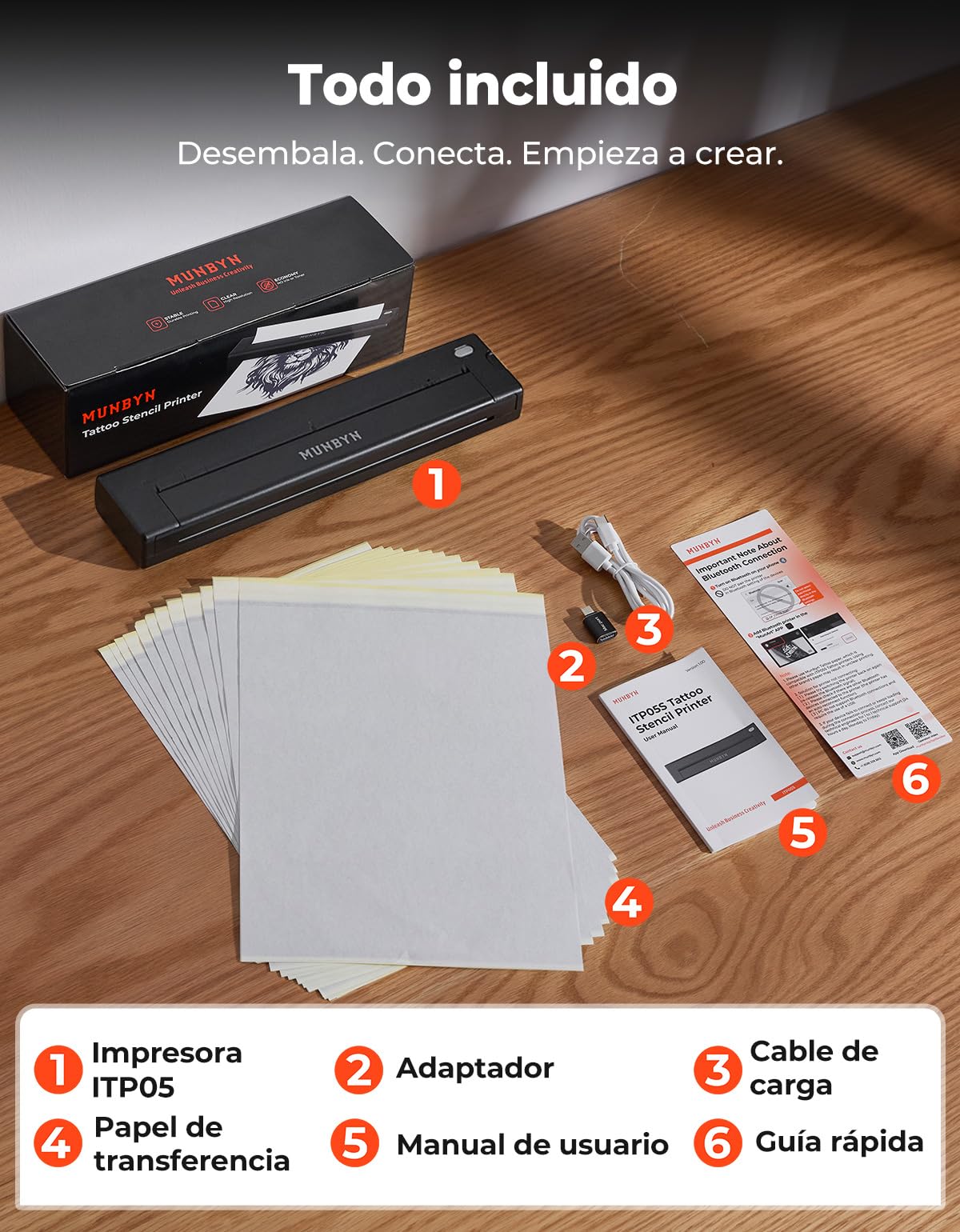 MUNBYN Termocopiadora Tattoo Bluetooth, Impresora Termica Tatuajes para DIY, Compatible con Smartphone y PC, Incluye 10 Hojas de Papel de Transferencia, ITP05S Negro