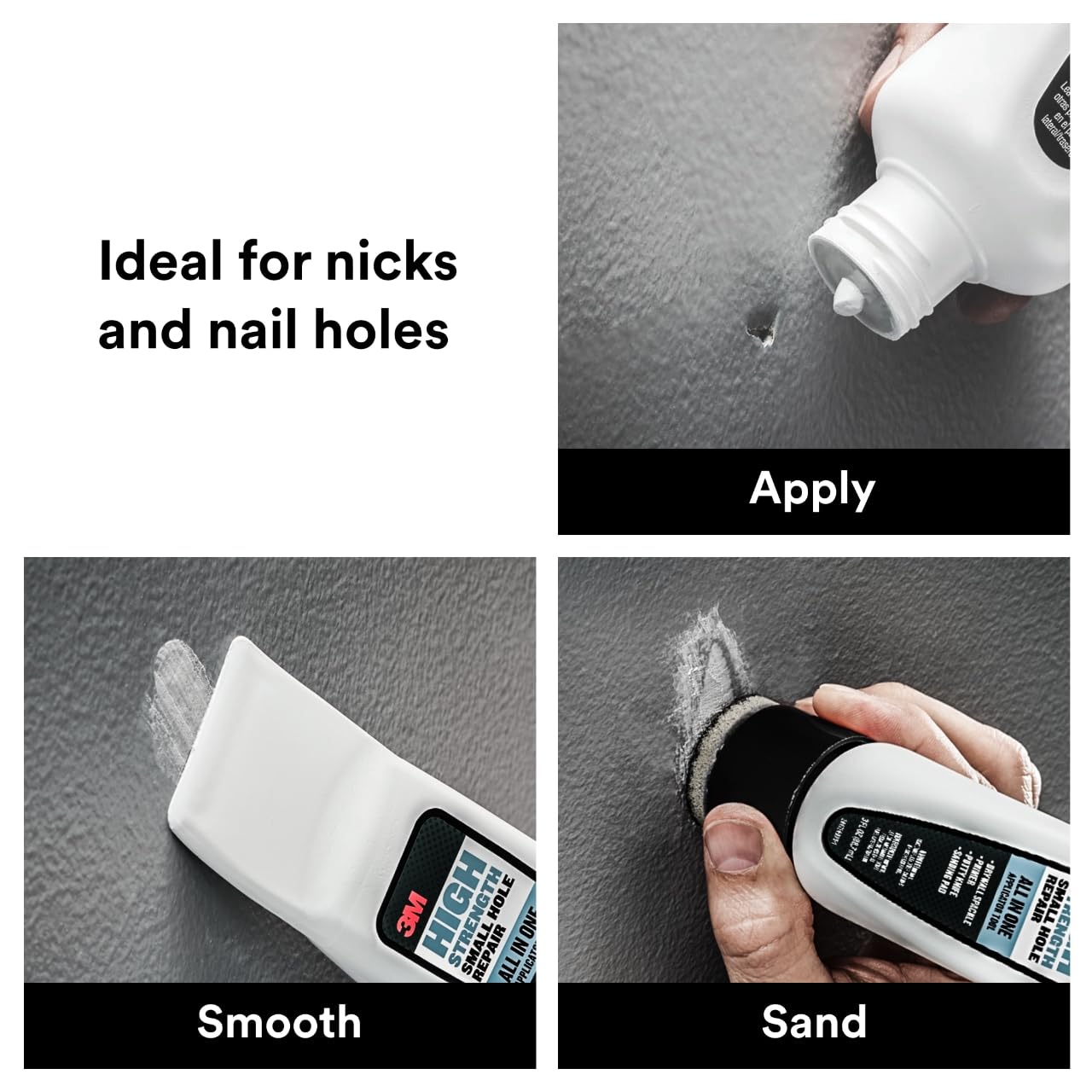 3M Small Hole Repair High Strength, All in One Applicator Tool, 1-Pack, Quick and Easy Repair for Nicks and Nail Holes, Includes Putty Knife, Spackle, and Sanding Pad For Wall Repairs (SHR-3-AIO)