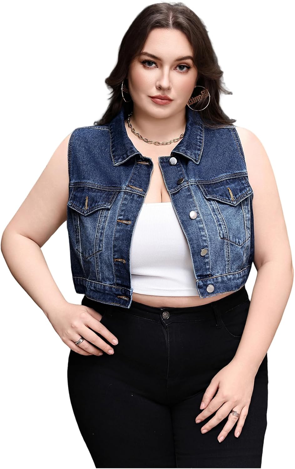 MakeMeChic Women's Plus Size Denim Vest Button Down Collared Pocket Sleeveless Crop Jean Vest