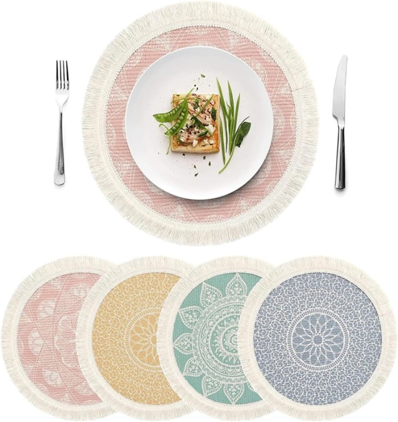 Table Mats Boho Cotton Woven Mandala Tassels Heat Proof Washable Circle Place Mat for Kitchen Dining Wedding Farmhouse(Boho 06,R33cm 6pcs)