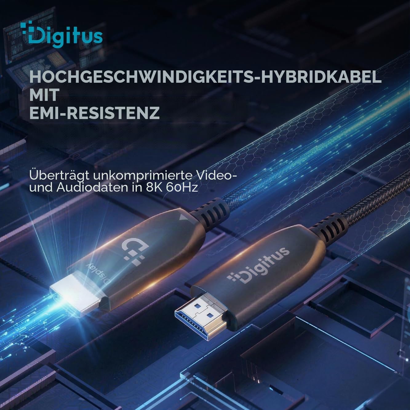 DIGITUS Glasfaser HDMI-Kabel – 15 m – UHD 8k 60Hz 4k 120Hz – HDMI 2.1 | 48 Gbps – eARC, HDR, HDCP 2.2, CEC – AOC Hybrid-Kabel – vergoldete Kontakte – HDMI-Glasfaserkabel – Schwarz