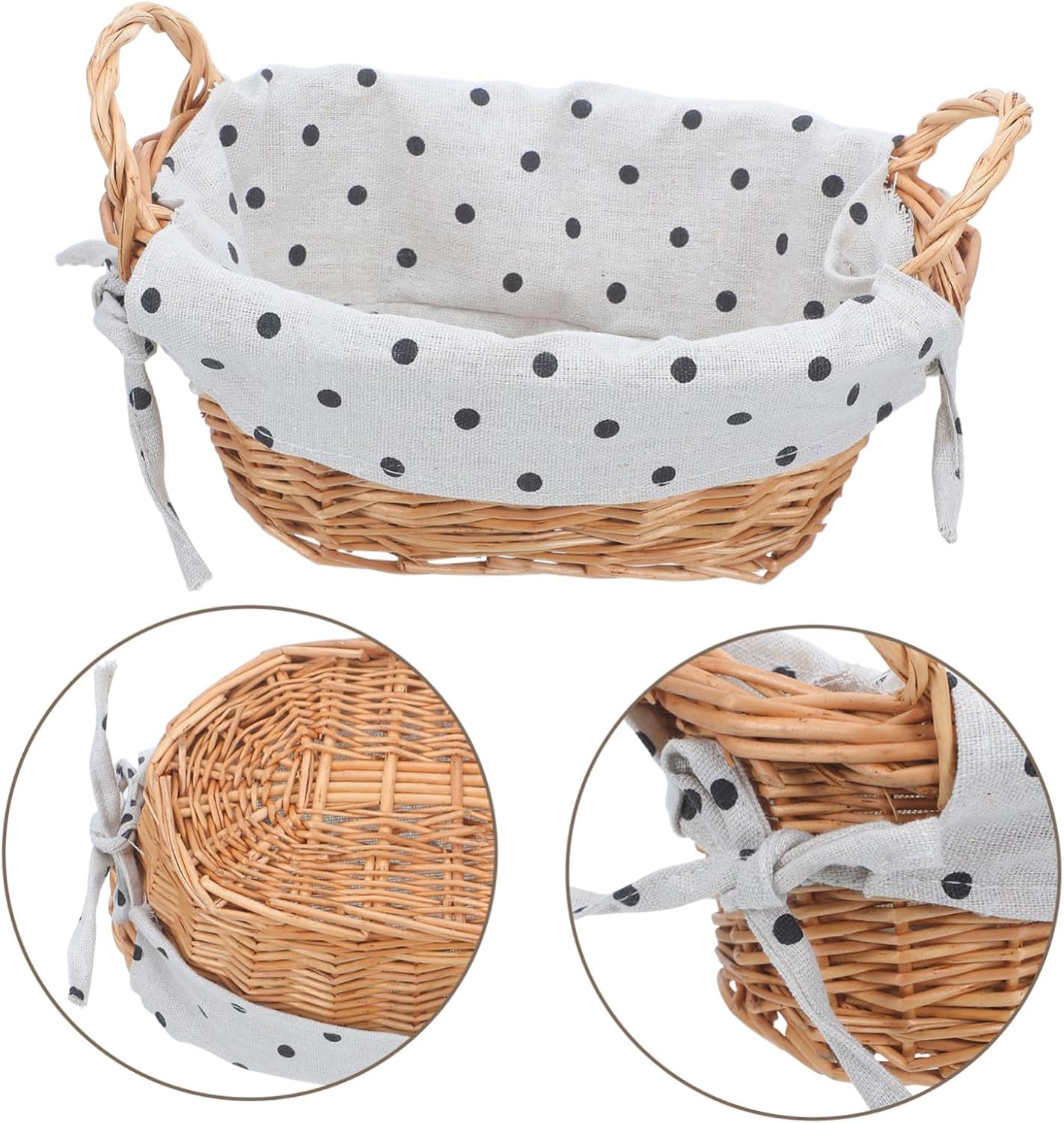 Levemolo Rattan Woven Storage Basket with Liner and Handle, Black and White Polka Dot Fabric Desktop Organizer for Nightstand, Small Retro Basket for Keys, Snacks,