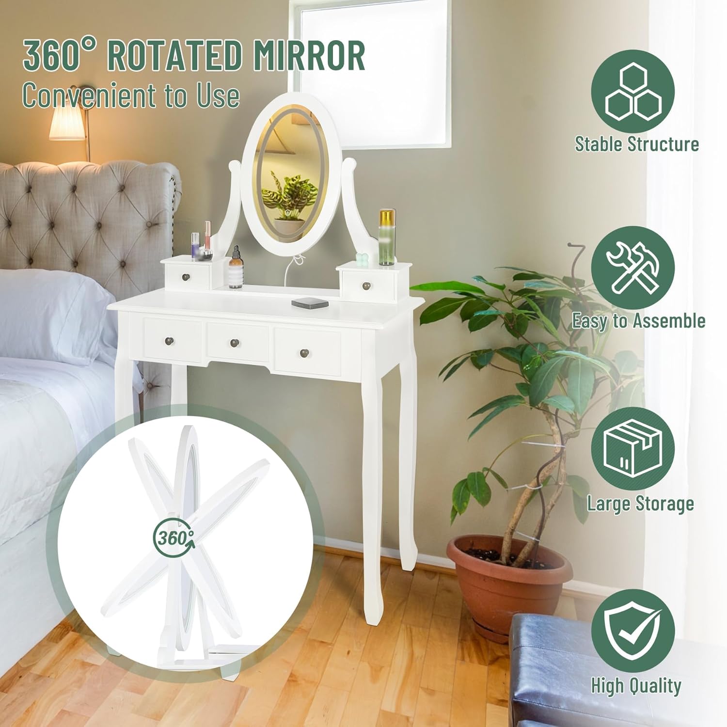 Vanity Desk with Mirror and Lights, Adjustable 360° Rotating Round Mirror with 5 Drawers, Modern Vanity Set for Adults/Girls, Cushioned Stool & 3 Color Modes Adjustable Brightness