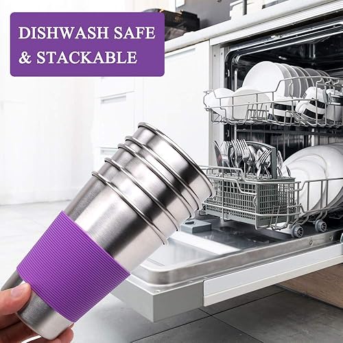 Miniatura 5 de Rommeka Vaso de agua con tapas, paquete de 6 vasos de acero inoxidable a prueba de derrames, reutilizable, apilable, de 16 onzas, con tapas, para