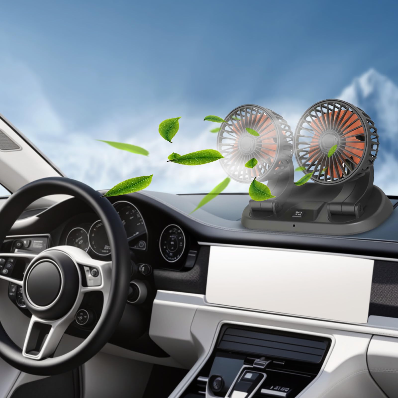 Riloer Ventilador de refrigeración para automóvil de doble cabezal, Ventilador para automóvil, rotación horizontal de 360 ° y vertical de 180 °, 24V 2 Velocidades Ajustables