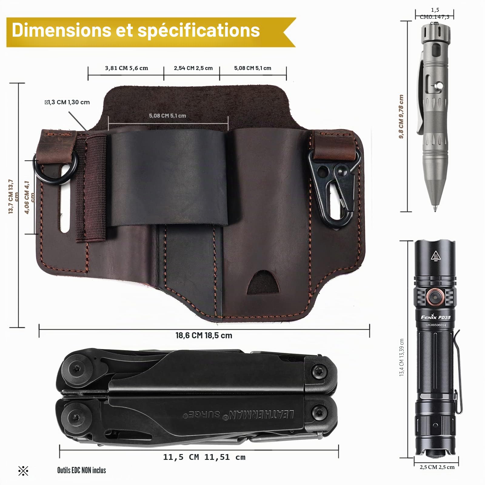 VIPERADE PJ36 - Étui Multi-Outils, étui en Cuir, Organiseur de Poche EDC pour Homme, étui Leatherman, Porte-Lampe de Poche et Porte-Stylo, Organiseur de Ceinture EDC avec Porte-clés