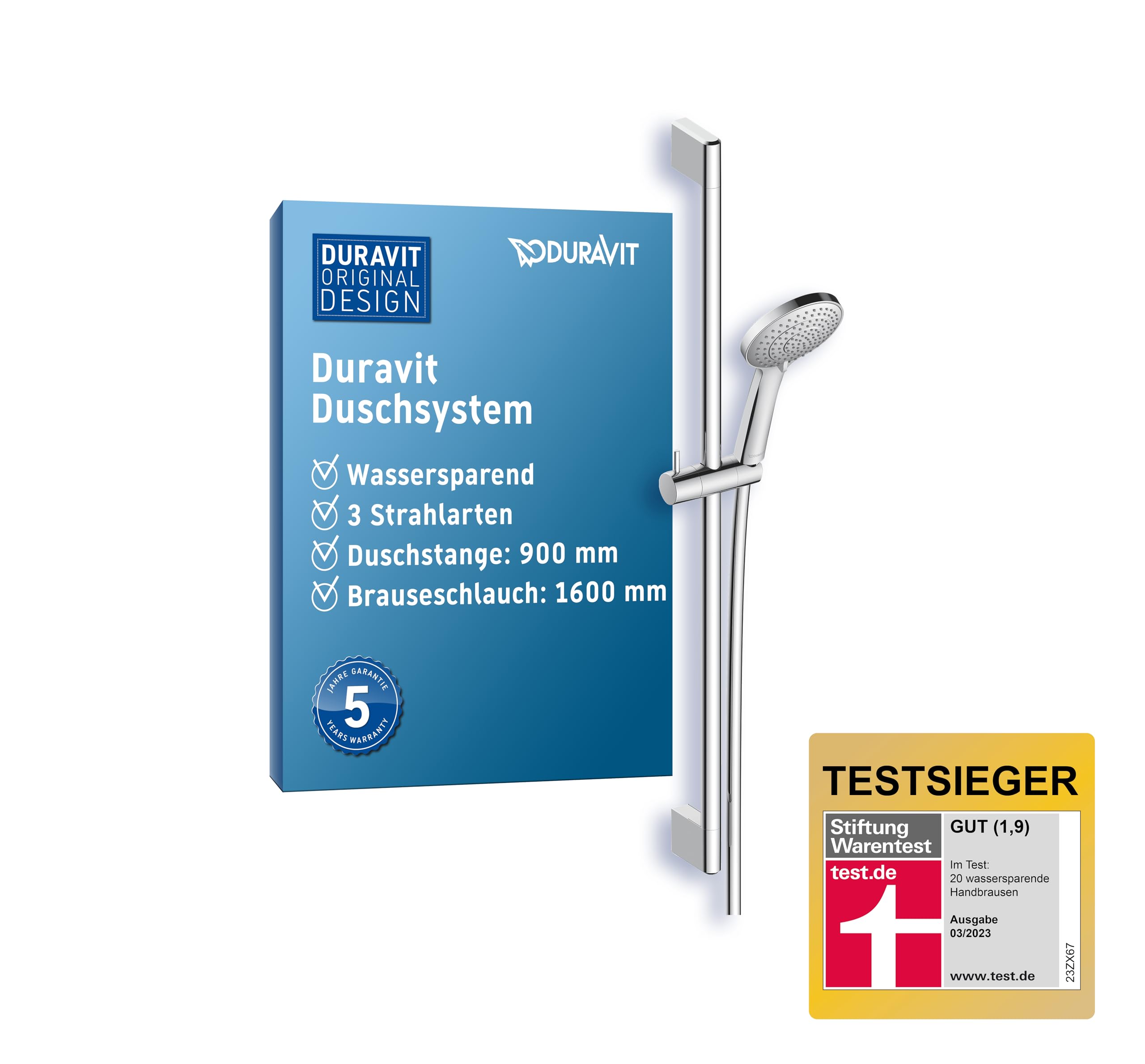 Duravit Universal Duschset – Handbrause mit 3 Strahlarten, 900 mm Brausestange, 1600 mm Schlauch, Chrom