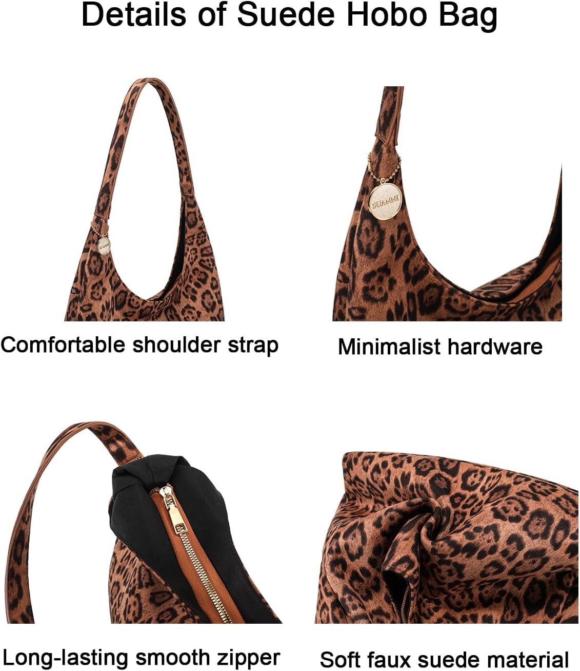 Brown Suede Bag for Women, Leopard Print Tote, Vegan Leather Purse, Large Slouchy Shoulder Hobo Handbags With Zipper