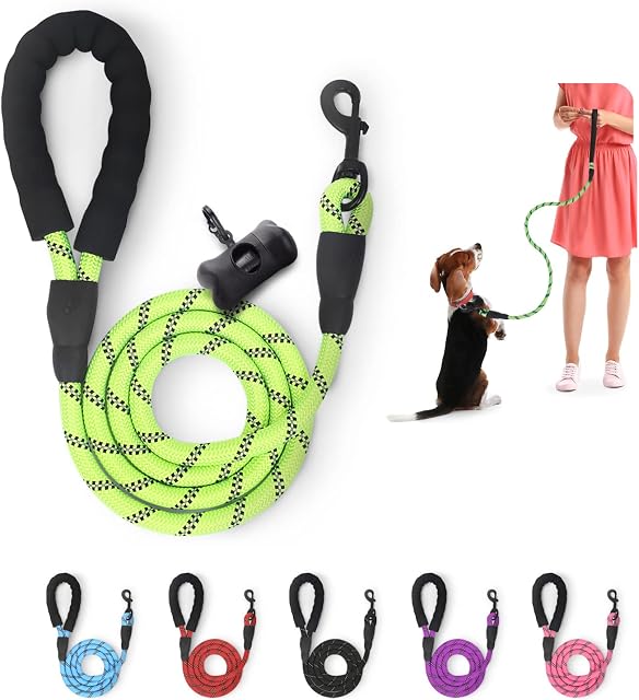 FurDreams 5ft Strong Dog Lead Rope with Soft Padded Handle and Highly Reflective Threads - Green | Rope Dog Leash for Large Dogs, Medium Dogs, and Small Dogs | Includes a Free Waste Bag Dispenser