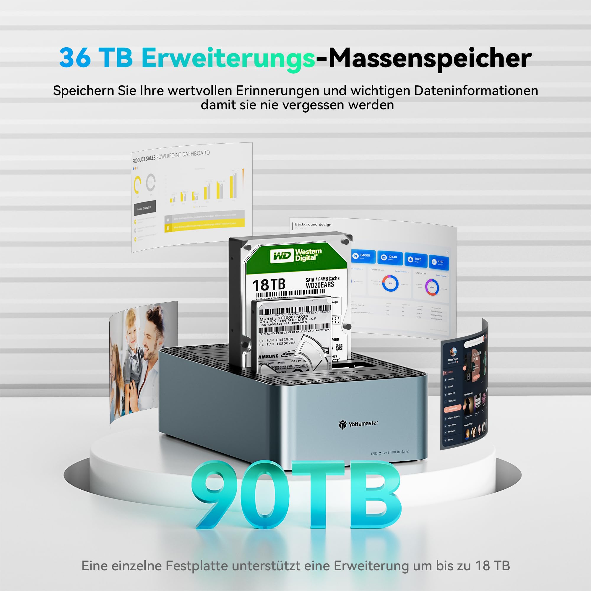 Yottamaster 5 Bay Offline-Klonen Festplatten Dockingstation Aluminium für 2,5/3,5 Zoll, USB 3.2 Gen1 SATA SSD/HDD Docking Station mit 12V 6.5A Netzteil, Unterstützt 5x18TB Max