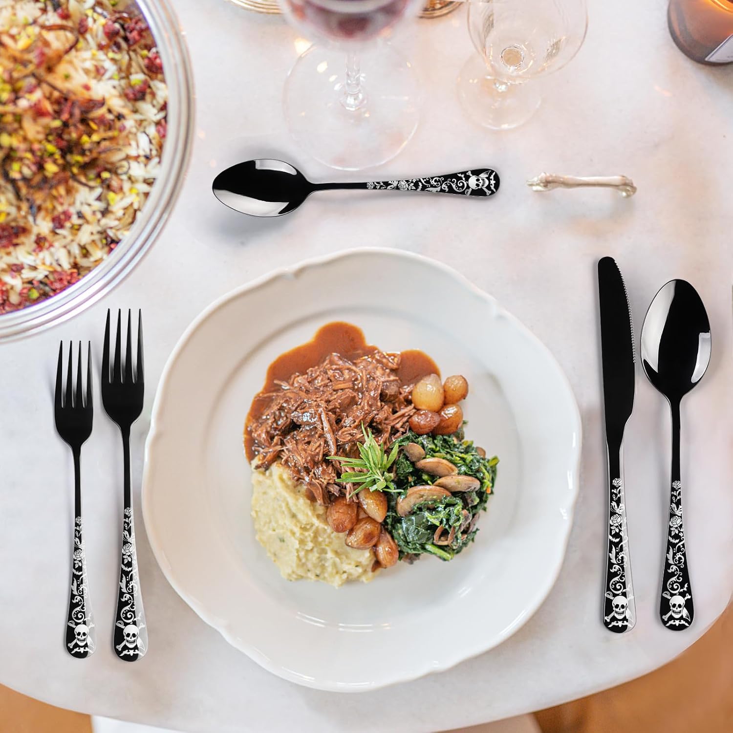 Skull Black Silverware Set for 8, 40-Piece Pirate Rose Flatware Set, Gothic Skeleton Flower Bat Knive Fork Spoon Cutlery Dinnerware for Decoration,Halloween horror,Christmas, Party, Gift,Housewarming