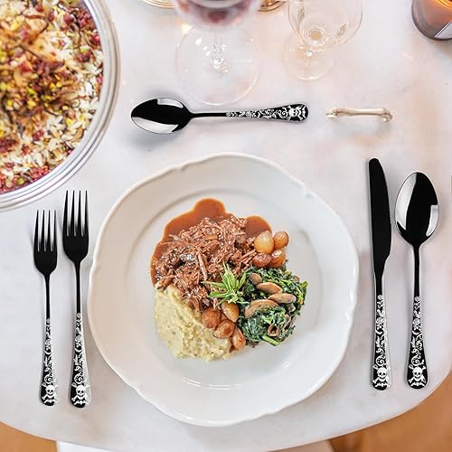 Miniatura 6 de OIULO Juego de cubiertos negros mate, 40 piezas de cubiertos de Navidad para 8, utensilios de acero inoxidable, cubiertos con acabado satinado,