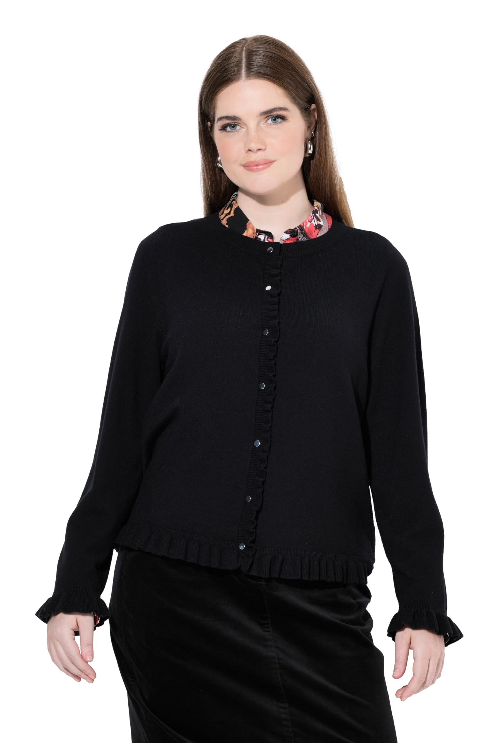 Ulla Popken Damen Strickjacke mit Rüschen Pullover
