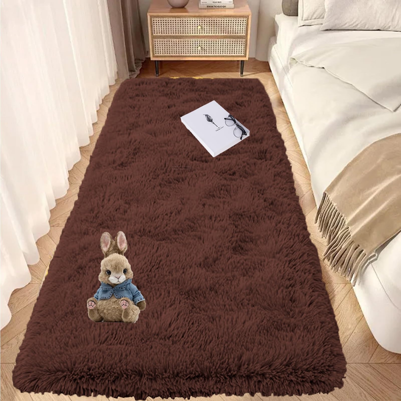 Hochflor Teppich Wohnzimmer 90 x 200 cm Flauschig Felloptik Komfortabler Hochflor Teppich Pflegeleicht Und Einfarbig Für Schlafzimmer Kinderzimmer Wohnzimmer, Braun