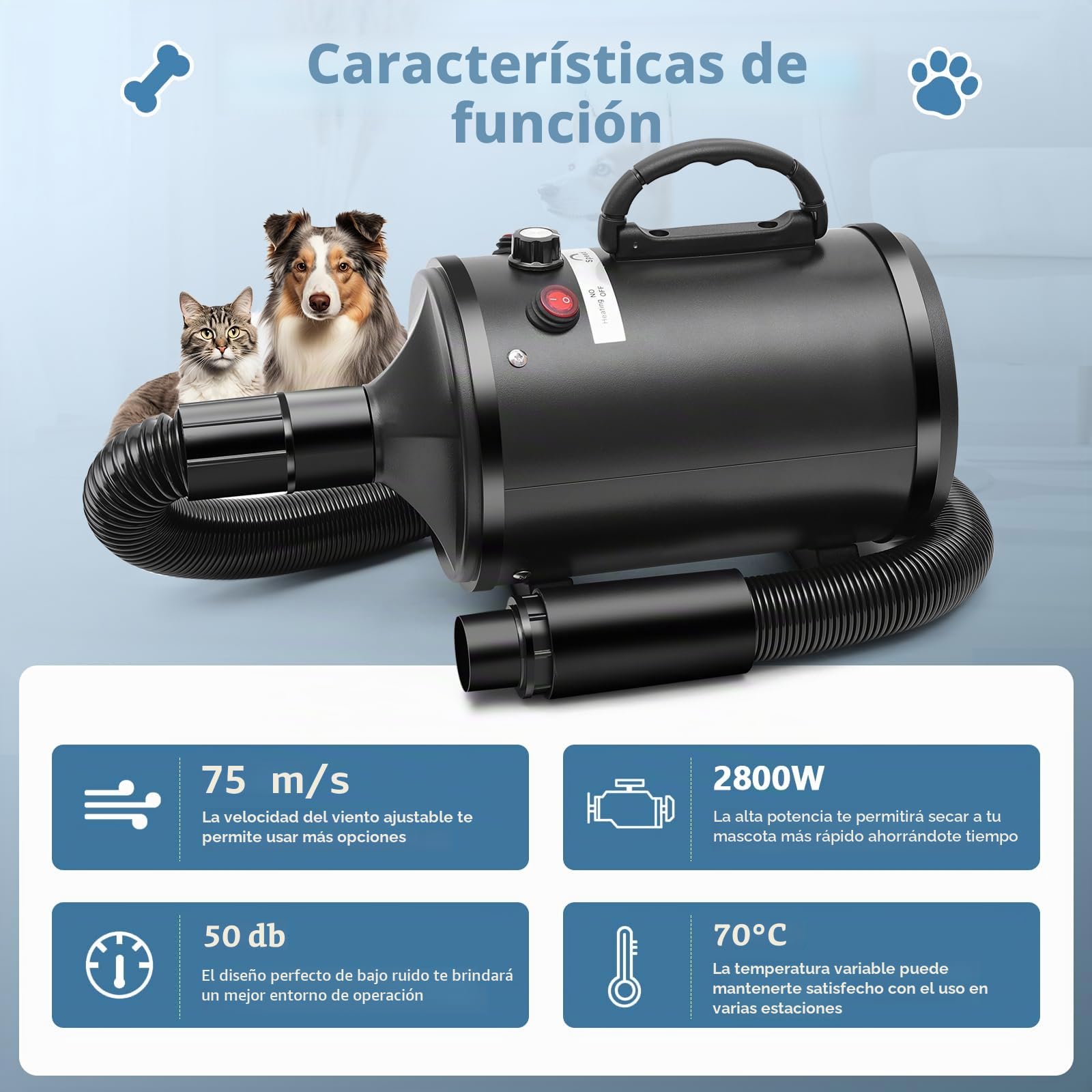 Soplador para Perros, secador de Pelo para Perros de 2800 W, secador de Pelo para Perros de Velocidad y Temperatura Regulables, Menos Ruido secador para Perros