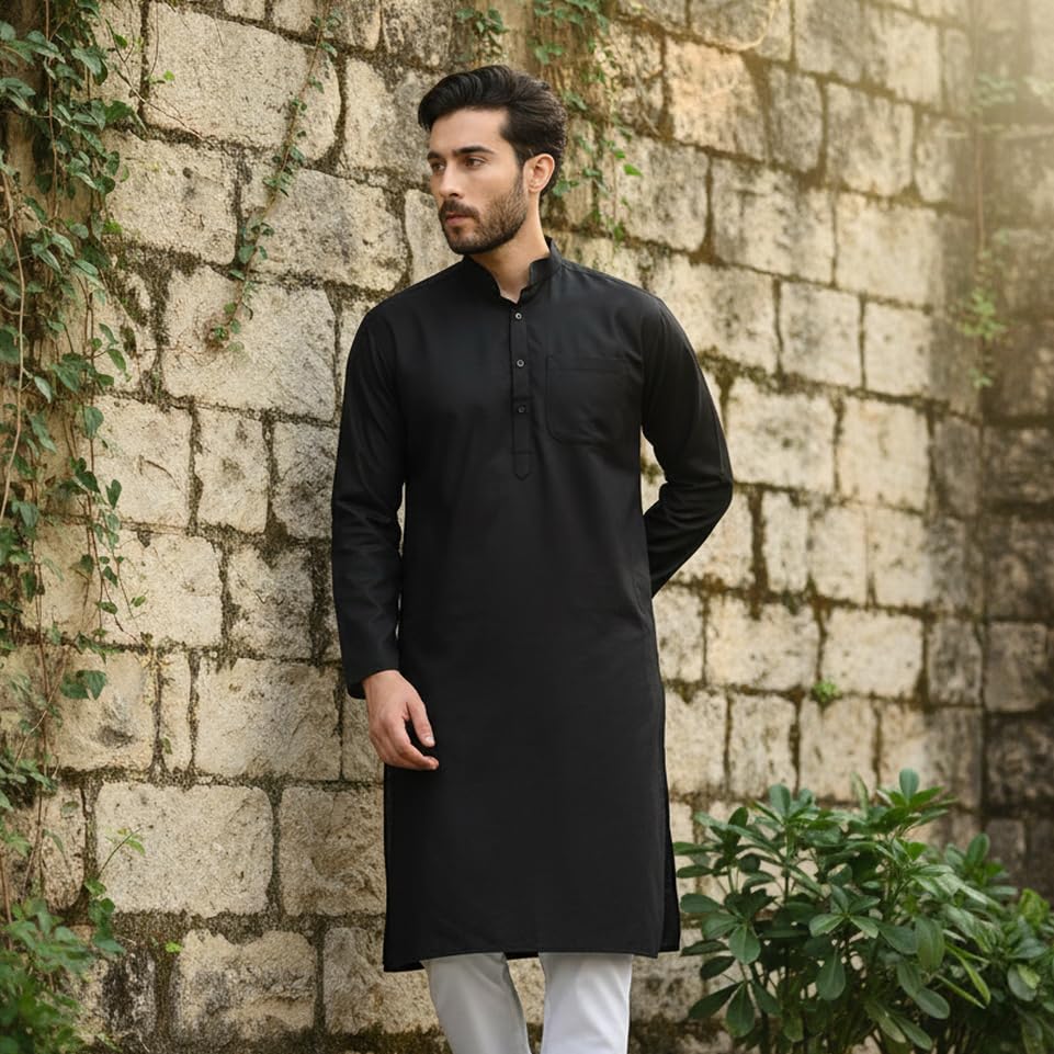 Image of Men's Cotton Blend Blend Knee Length Solid Color Style Stright Long Mandrin Collor Ethnic Casual Wear Kurta Only