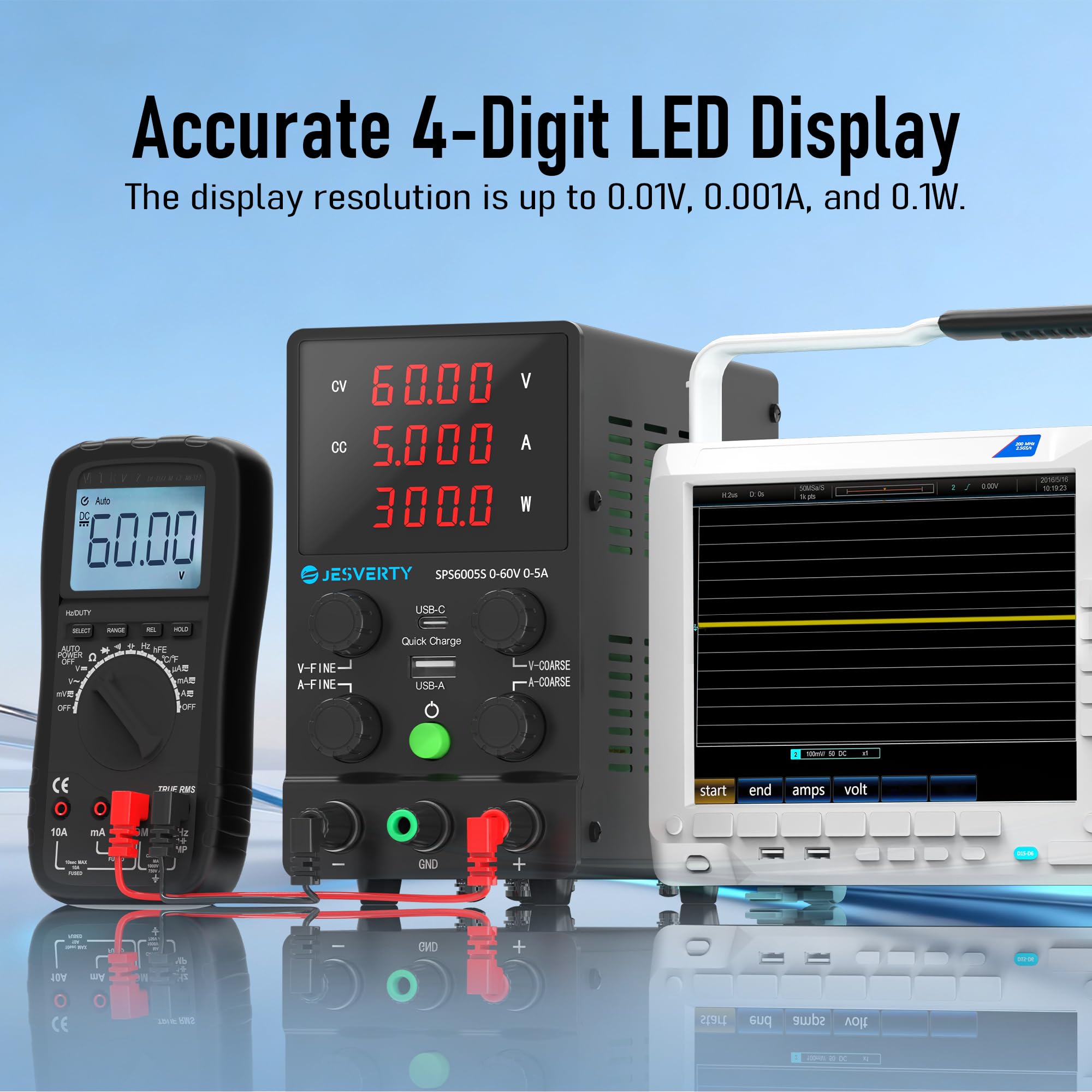 Fuente de alimentación de CC variable, 0-60V 0-5A, conmutación ajustable, fuente de alimentación de banco regulada por CC con USB de 20 W y carga rápida tipo C, perilla de codificador
