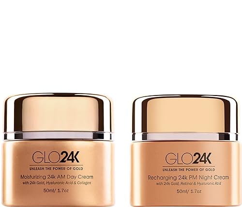 GLO24K Cremas hidratantes de día y noche de oro de 24 quilates para un nivel óptimo de hidratación AMPM. Un combo de refuerzo de hidratación de alto